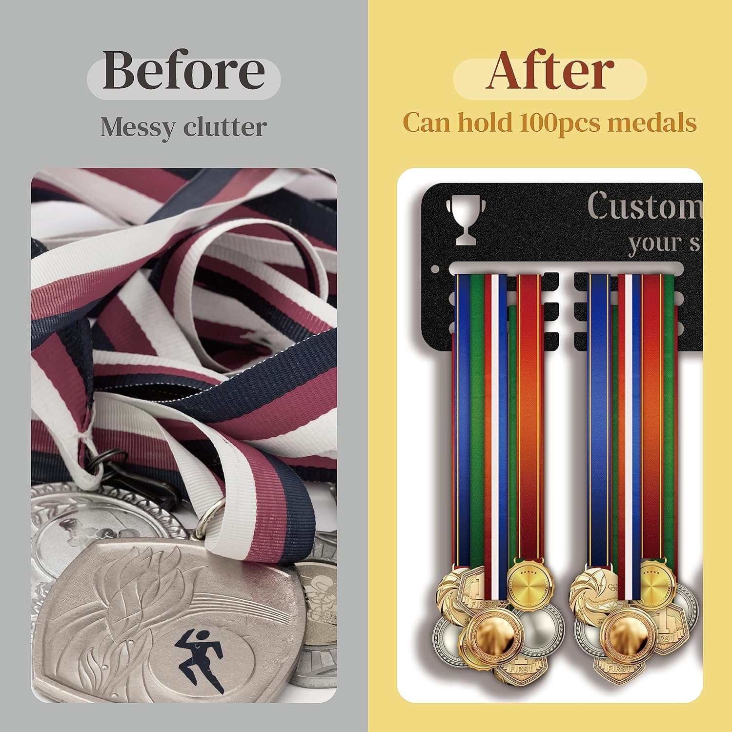 Medal Hanger Display Holder Rack for Awards or Ribbons, Personalized Sports Medal Display, Race Medal Hanger Display Medal Holder for Wall, Custom Trophy and Medal Display Shelf printlight
