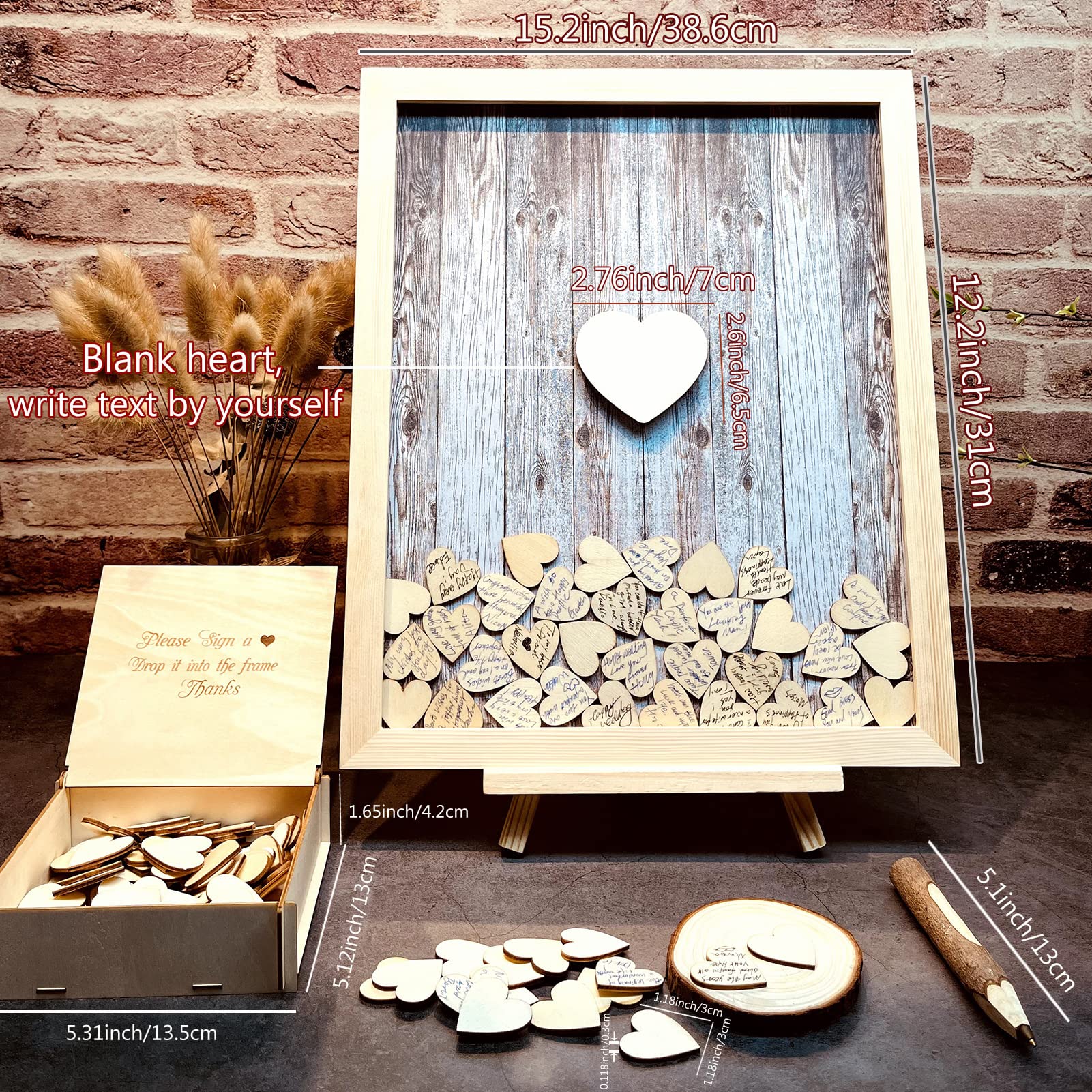 Wedding Guest Book Alternative Pen Sign Drop Top Wooden Frame for Baby Shower Birthday Party Decoration 120 Hearts printlight