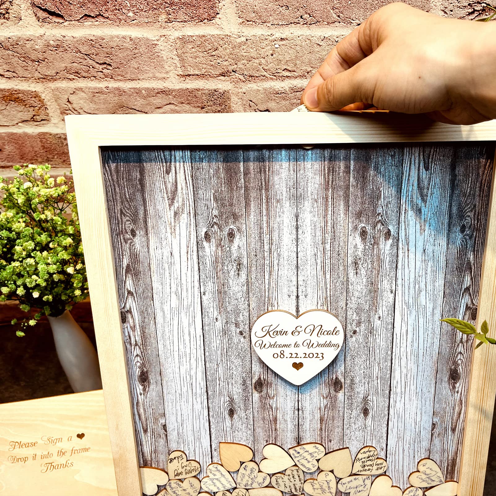 Wedding Guest Book Alternative Pen Sign Drop Top Wooden Frame for Baby Shower Birthday Party Decoration 120 Hearts printlight