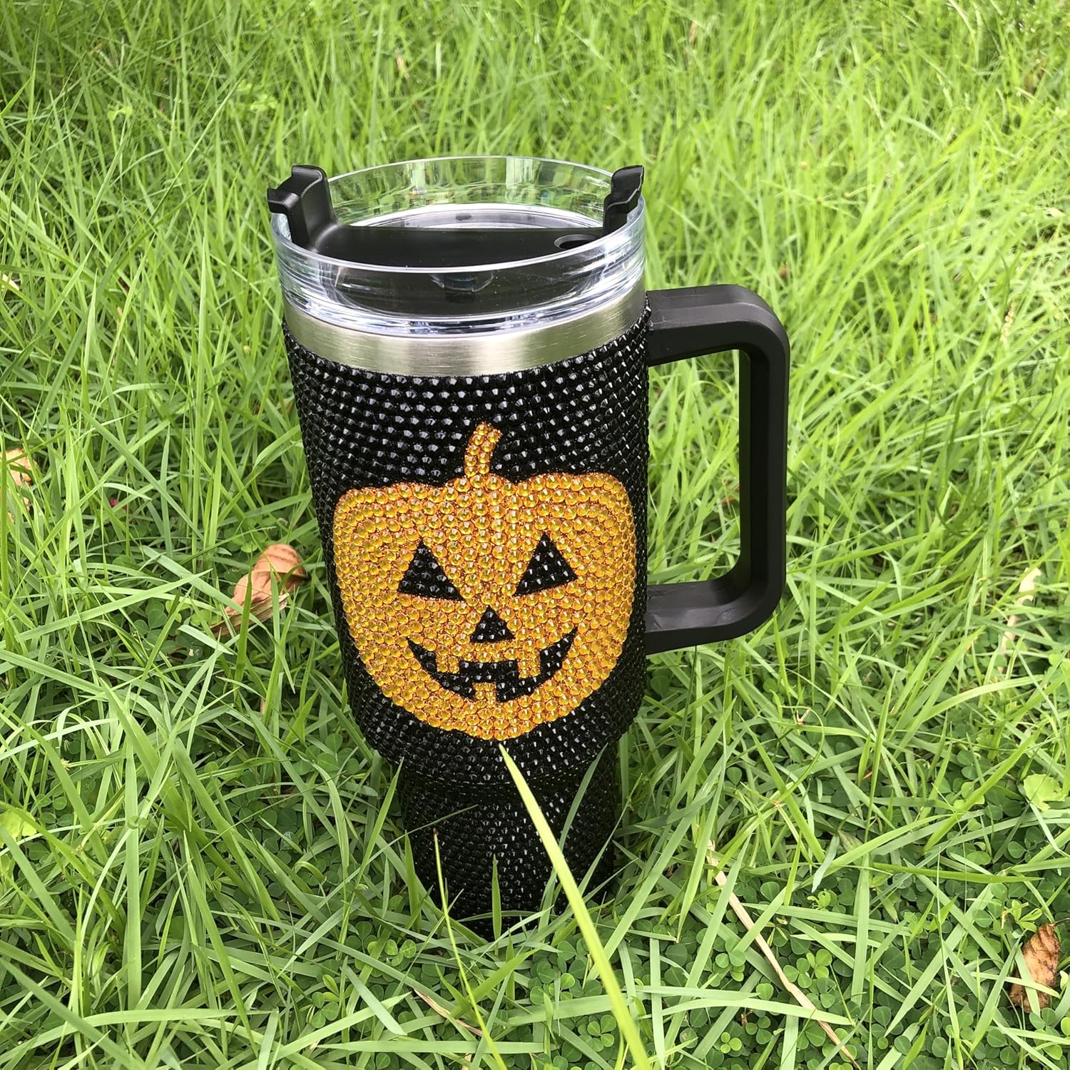 40 Oz Bling Tumbler With Handle Rhinestones Tumbler With Lid and Straw Fix for Car Cup Holder Insulated Stainless Steel Double Wall Water Cup Halloween Pumpkin Travel Mug Tumbler -Black TUM2708