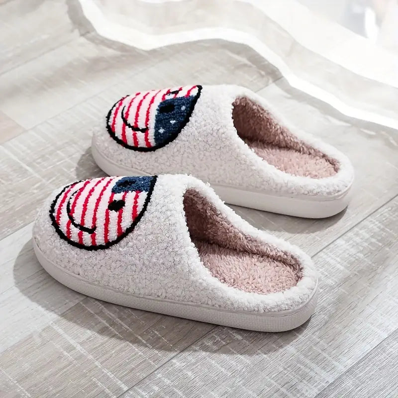 American Flag Cartoon Face Graphic Soft Plush Cozy House Slippers For Men, Lightweight Breathable Anti-skid Slip-on Shoes With Fuzzy Lining For Indoor Walking, Autumn And Winter 
 SL0808 23