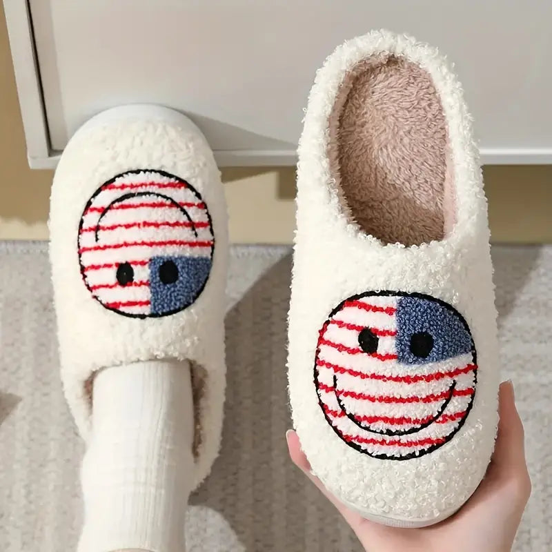 American Flag Cartoon Face Graphic Soft Plush Cozy House Slippers For Men, Lightweight Breathable Anti-skid Slip-on Shoes With Fuzzy Lining For Indoor Walking, Autumn And Winter 
 SL0808 23