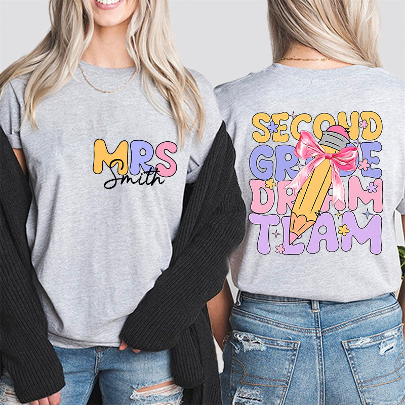 Personalized Teacher's Name And Grade Bow Pencil Print Teacher Two Sided T-Shirt 2MAT88