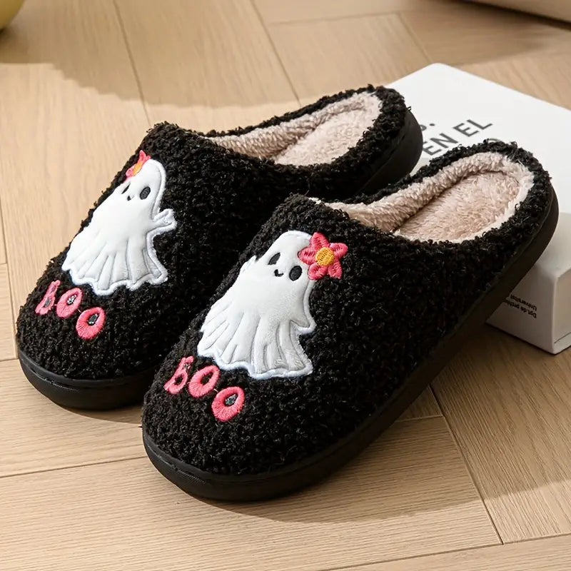 Halloween Cute Little Ghost Pattern Slippers, Casual Slip On Plush Lined Shoes, Comfortable Indoor Home Slippers 
 SL0808 14