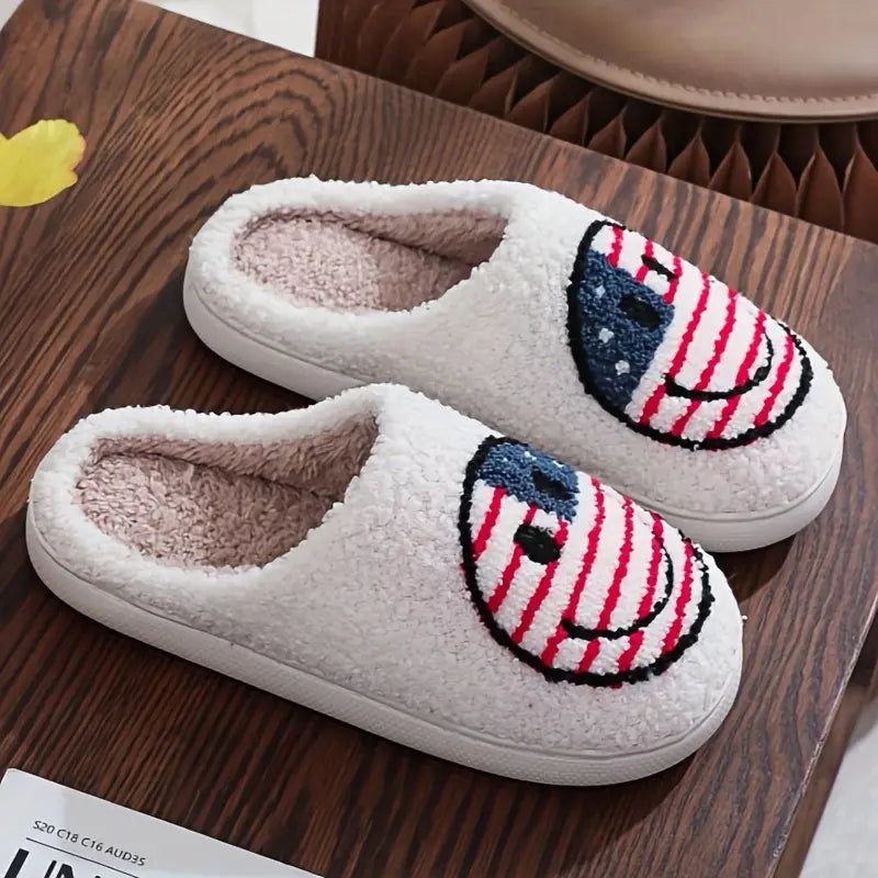 American Flag Cartoon Face Graphic Soft Plush Cozy House Slippers For Men, Lightweight Breathable Anti-skid Slip-on Shoes With Fuzzy Lining For Indoor Walking, Autumn And Winter 
 SL0808 23