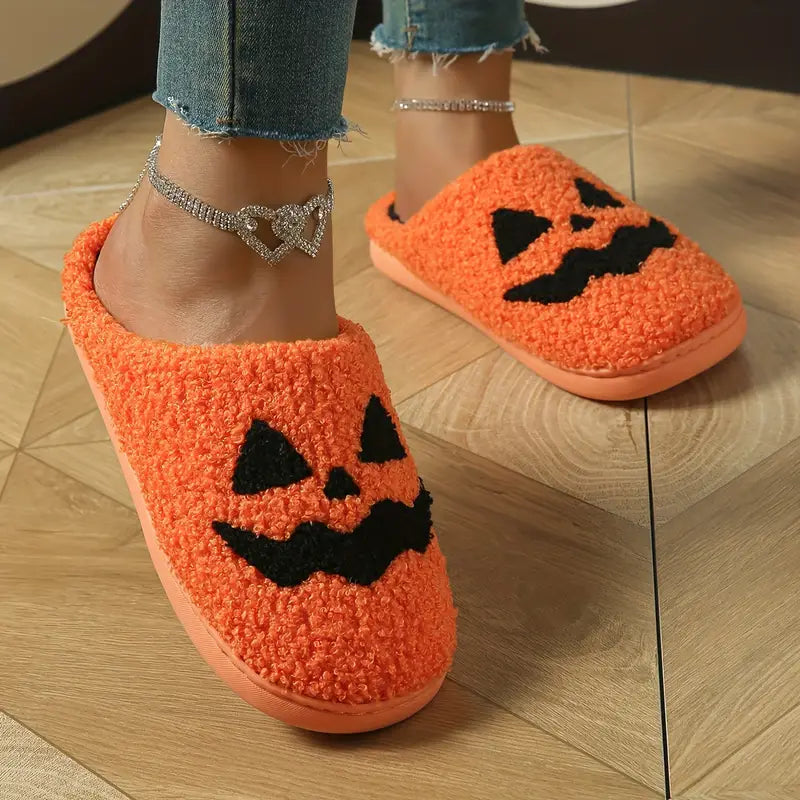 Halloween Pumpkin Design Slippers, Winter Cozy & Warm Slip On Fuzzy Shoes, Comfortable Indoor Floor Slippers SL0808 05