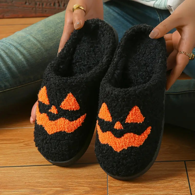 Halloween Pumpkin Design Slippers, Winter Cozy & Warm Slip On Fuzzy Shoes, Comfortable Indoor Floor Slippers SL0808 06