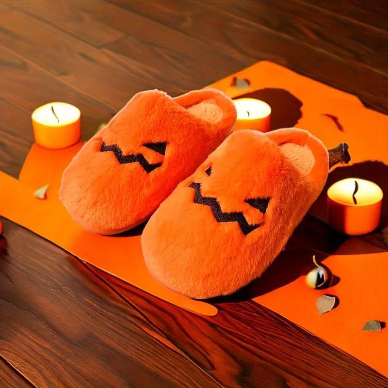 Halloween Pumpkin Pattern Slippers, Casual Slip On Plush Lined Shoes, Comfortable Indoor Home Slippers 
 SL0808 09