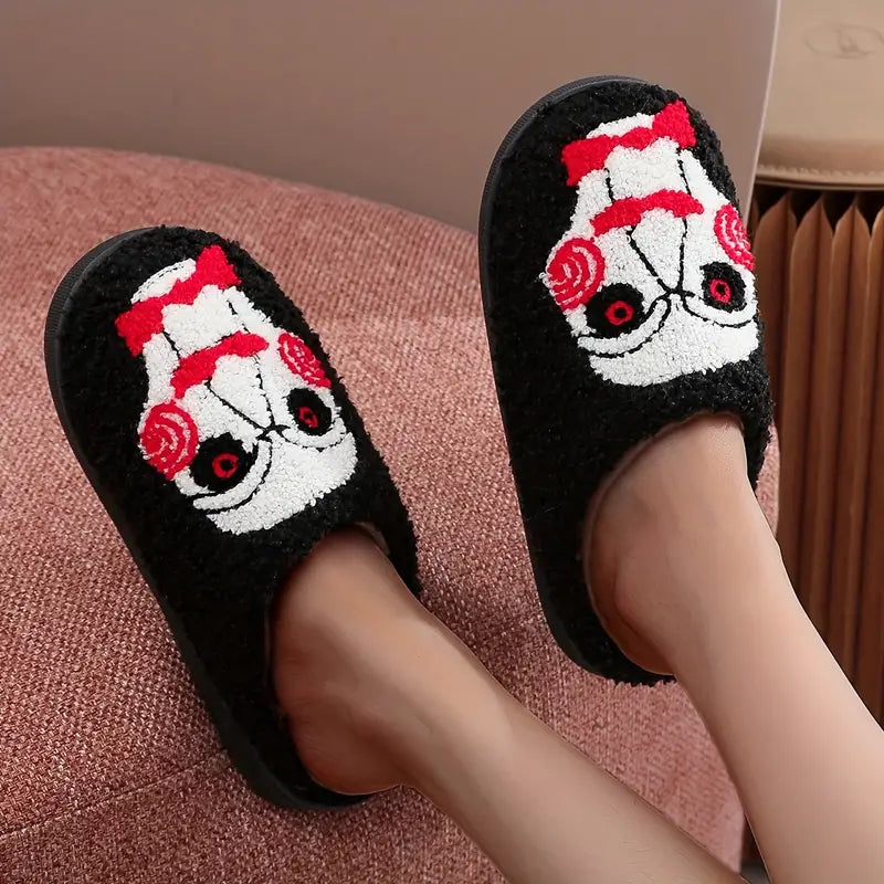Halloween Ghost Pattern Fuzzy Slippers, Horror Style Closed Toe Plush Flat Shoes, Cozy & Warm Home Slippers SL0808 29