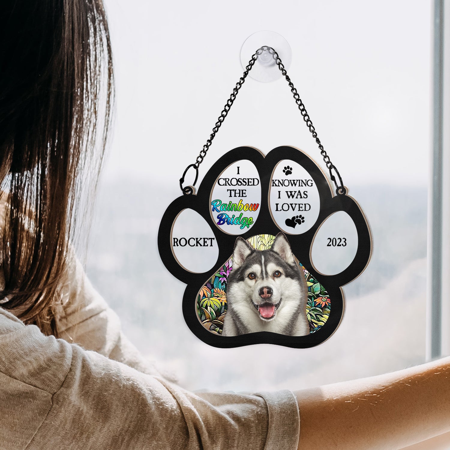 Custom Photo I Crossed The Rainbow Bridge Knowing I Was Loved - Personalized Window Hanging Suncatcher Ornament ORNA1210