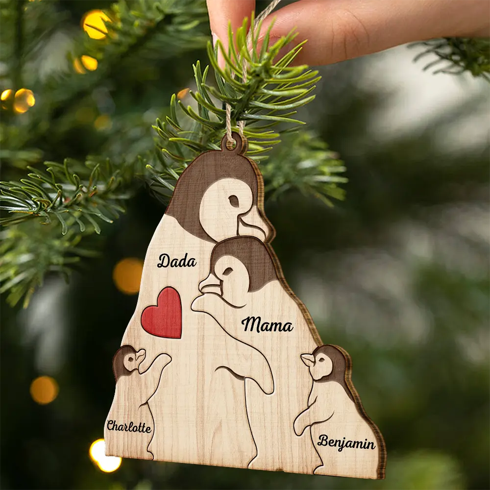 Couple Penguin Family Parents & Kids - Personalized Custom Shaped Wooden Ornament ORNA1210