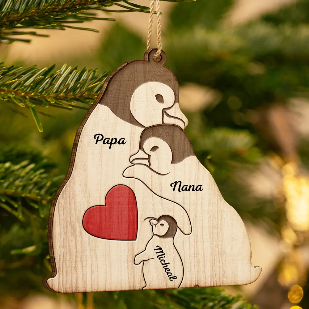 Couple Penguin Family Parents & Kids - Personalized Custom Shaped Wooden Ornament ORNA1210