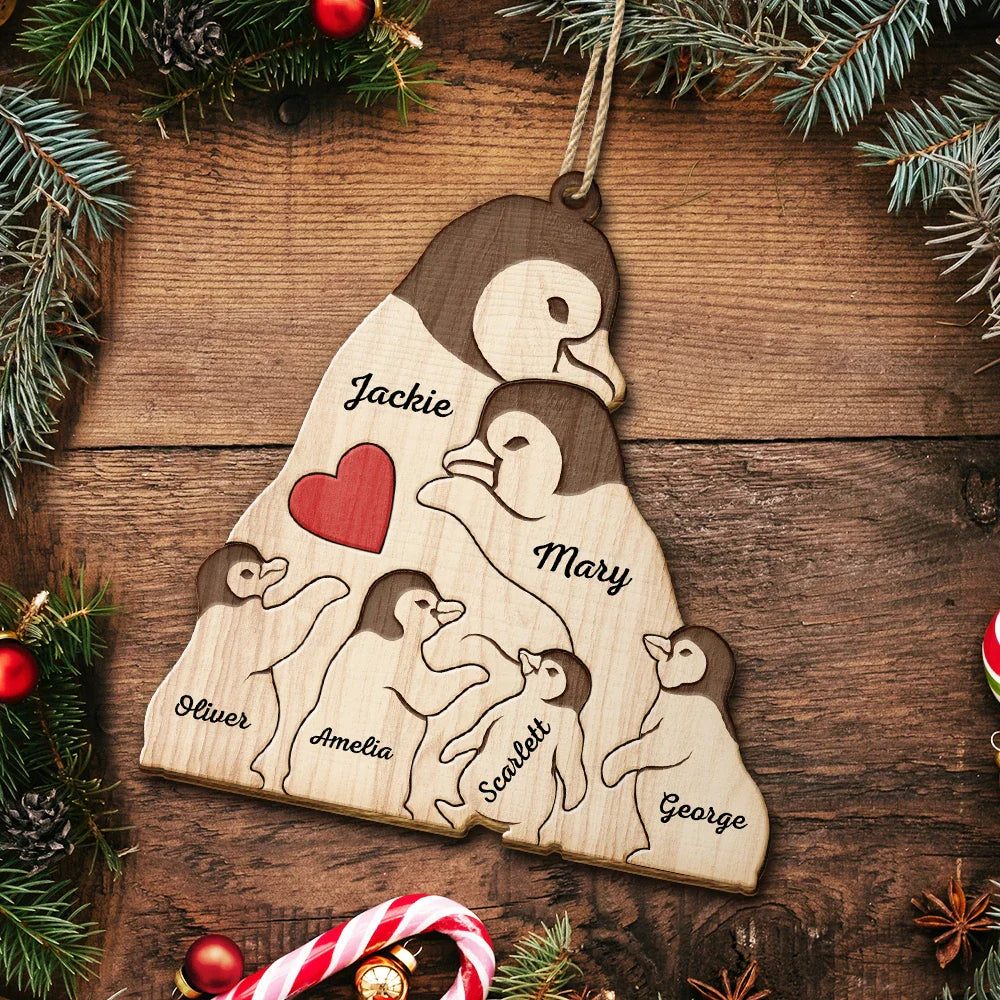 Couple Penguin Family Parents & Kids - Personalized Custom Shaped Wooden Ornament ORNA1210