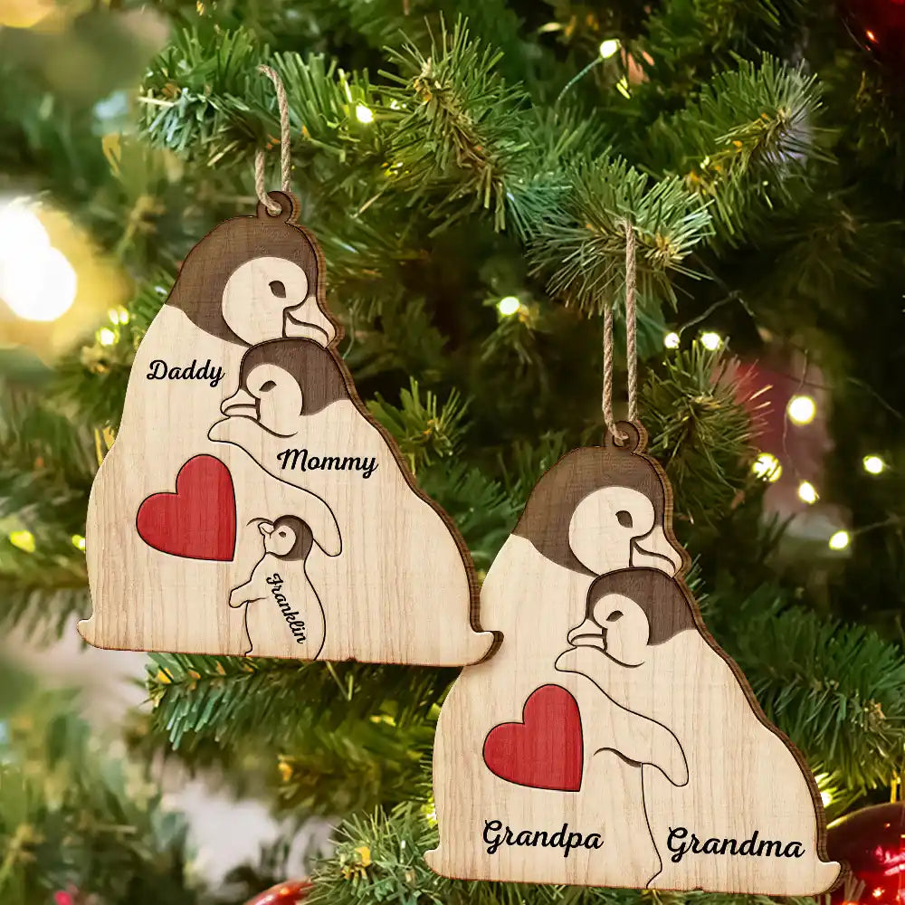 Couple Penguin Family Parents & Kids - Personalized Custom Shaped Wooden Ornament ORNA1210