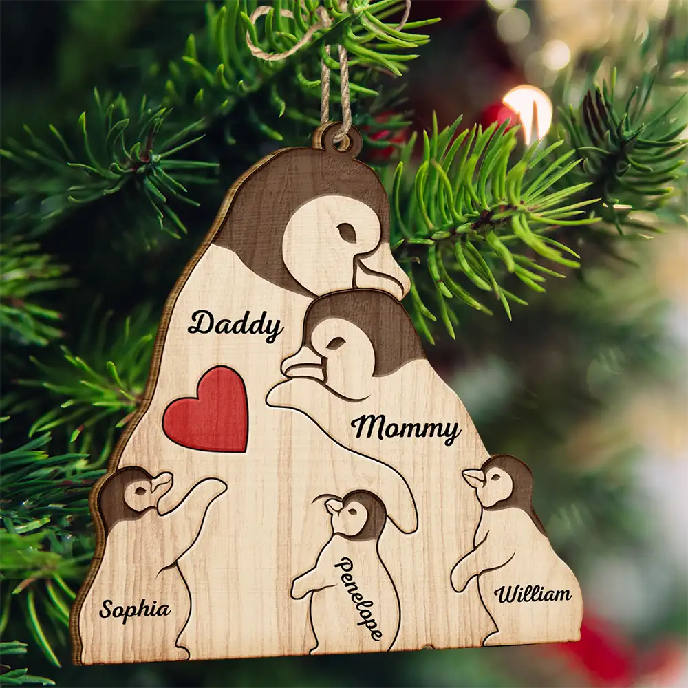 Couple Penguin Family Parents & Kids - Personalized Custom Shaped Wooden Ornament ORNA1210