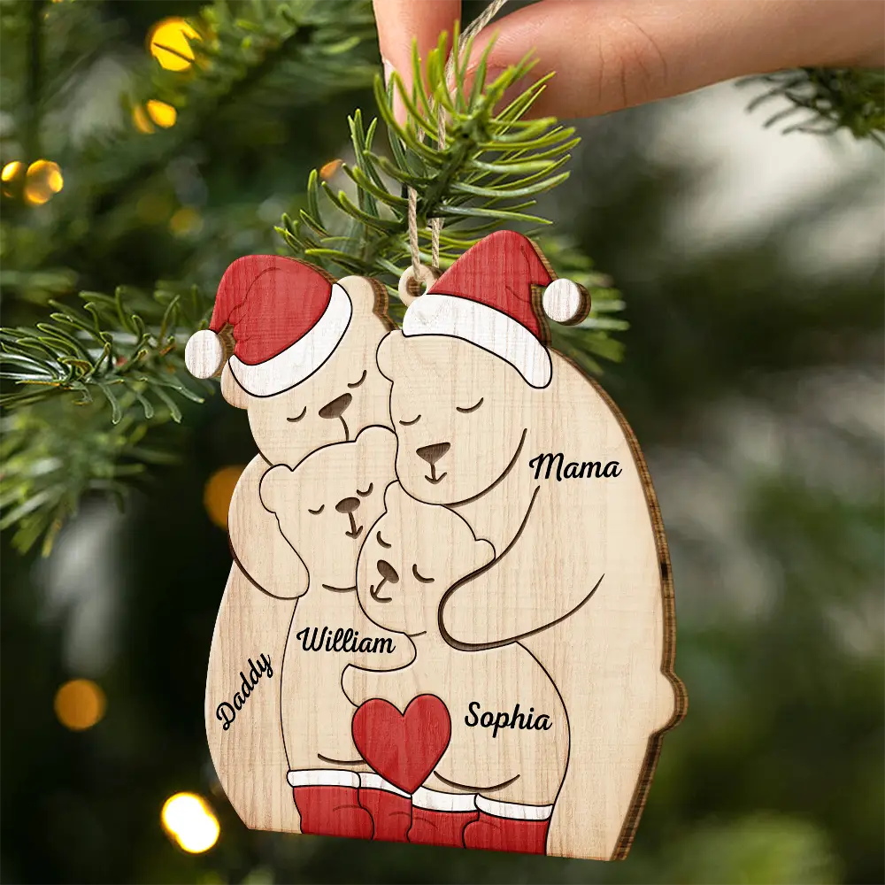 Christmas Bear Family - Personalized Custom Shaped Wooden Ornament ORNA1210