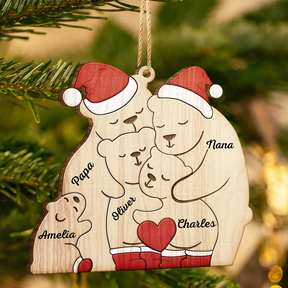 Christmas Bear Family - Personalized Custom Shaped Wooden Ornament ORNA1210