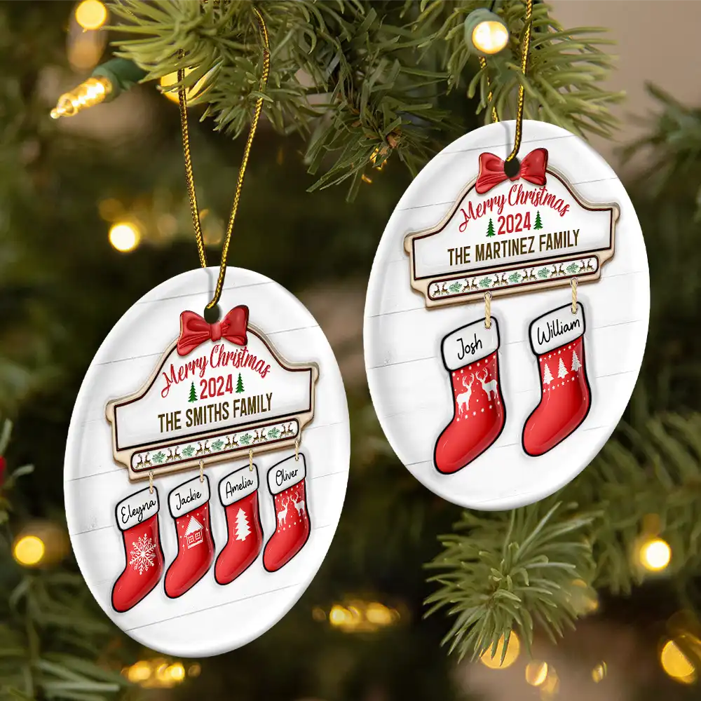 Family Red Sock Stocking Merry Christmas 2024 - 3D Inflated Effect Printed Personalized Circle Ceramic Ornament ORNA1210
