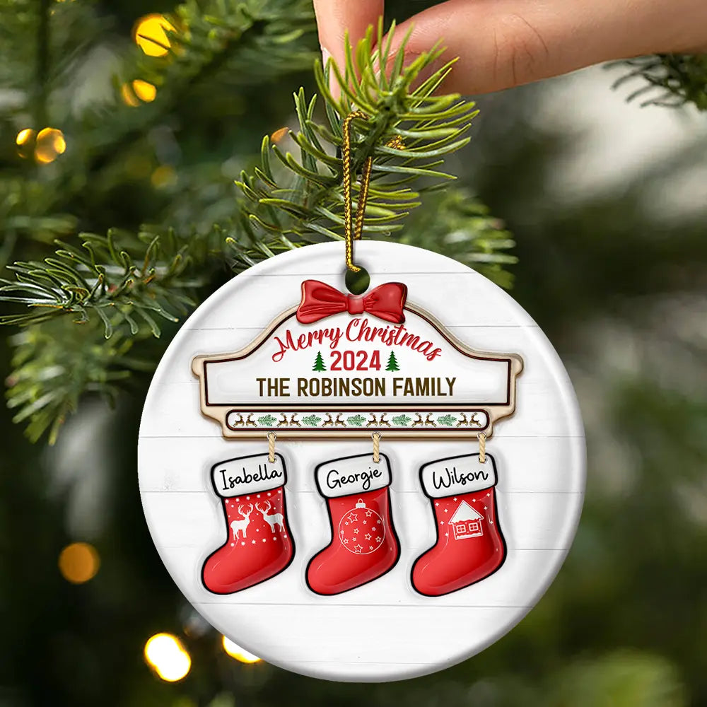 Family Red Sock Stocking Merry Christmas 2024 - 3D Inflated Effect Printed Personalized Circle Ceramic Ornament ORNA1210