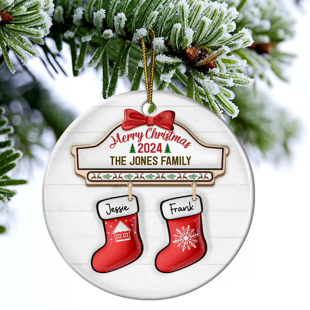 Family Red Sock Stocking Merry Christmas 2024 - 3D Inflated Effect Printed Personalized Circle Ceramic Ornament ORNA1210