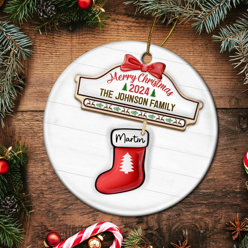 Family Red Sock Stocking Merry Christmas 2024 - 3D Inflated Effect Printed Personalized Circle Ceramic Ornament ORNA1210