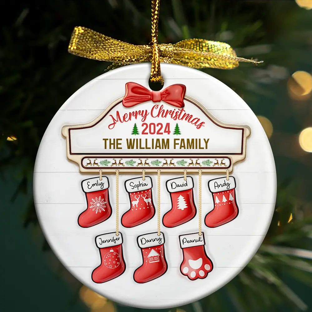 Family Red Sock Stocking Merry Christmas 2024 - 3D Inflated Effect Printed Personalized Circle Ceramic Ornament ORNA1210