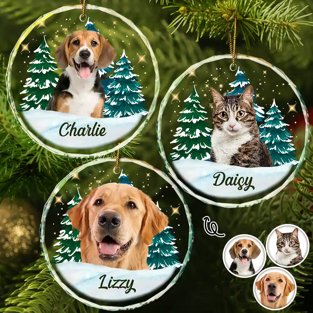Custom Photo Pet Face Christmas Trees - Personalized Combo Circle Glass Ornament ORNA1210
