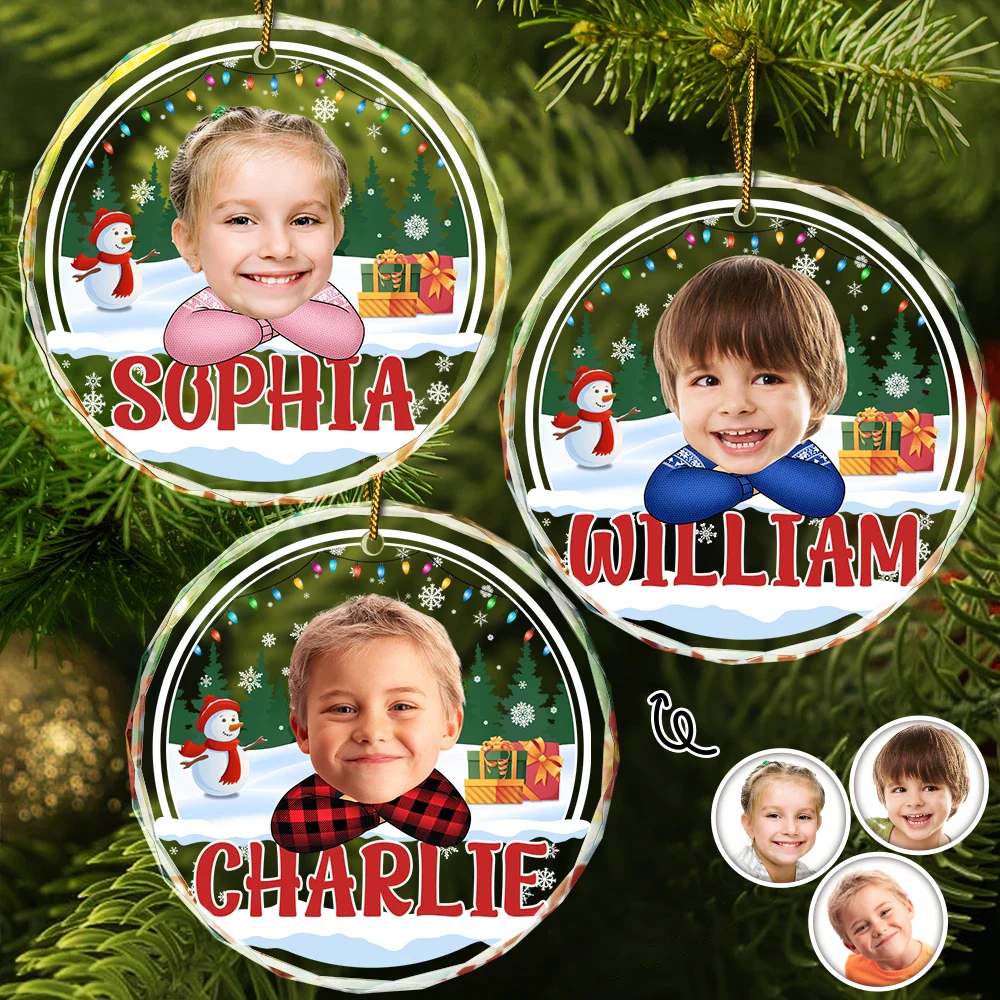 Custom Photo Kid's Face Chibi Style - Personalized Combo Circle Glass Ornament ORNA1210