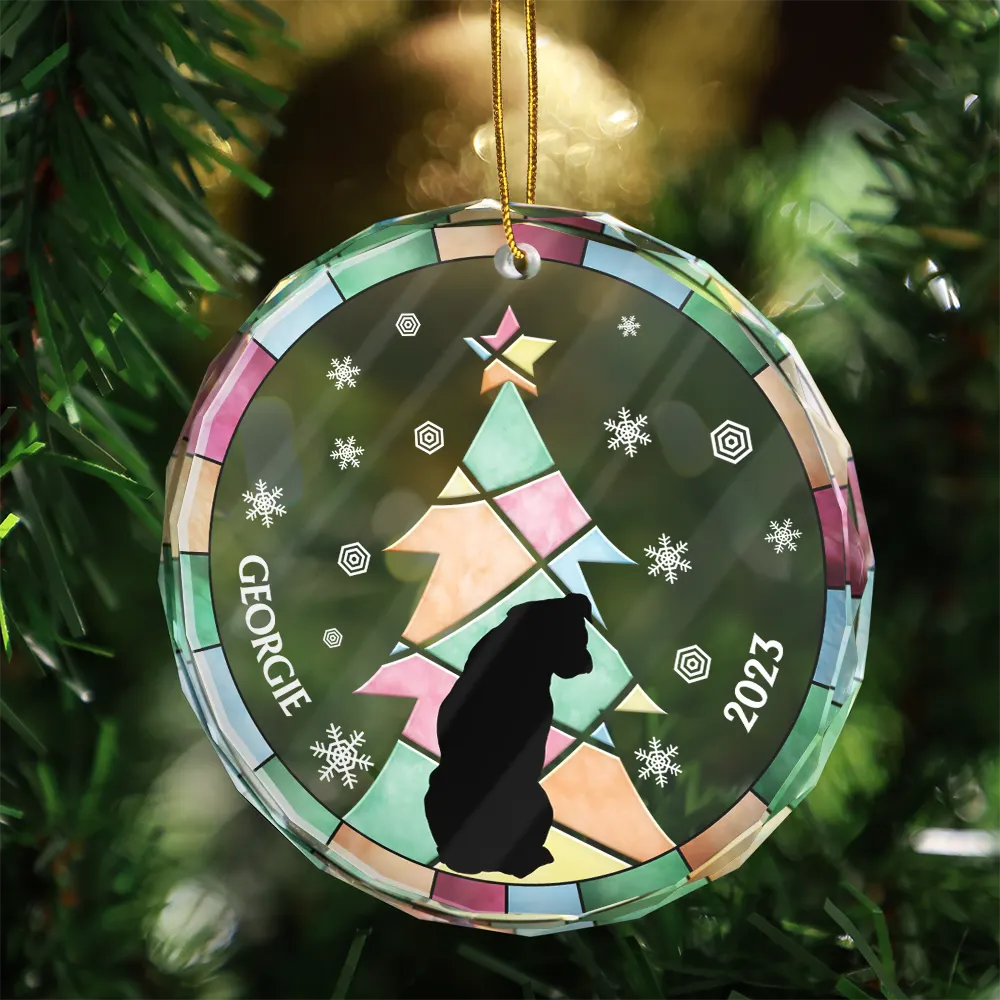 Stained Glass Style Christmas Tree Black Backside Pet - Personalized Combo Circle Glass Ornament ORNA1210
