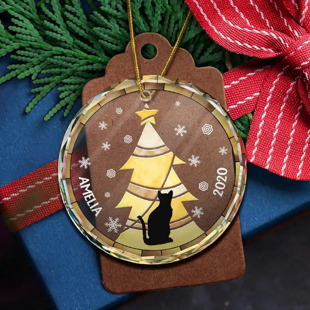 Stained Glass Style Christmas Tree Black Backside Pet - Personalized Combo Circle Glass Ornament ORNA1210