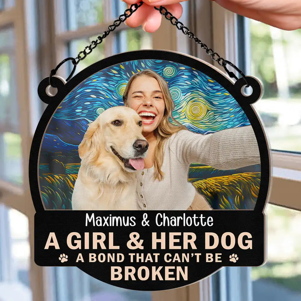 Custom Photo Flower Field A Girl And Her Dog - Personalized Window Hanging Suncatcher Ornament ORNA1210