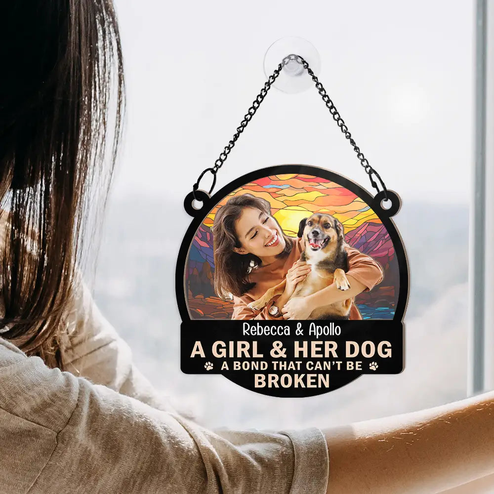 Custom Photo Flower Field A Girl And Her Dog - Personalized Window Hanging Suncatcher Ornament ORNA1210