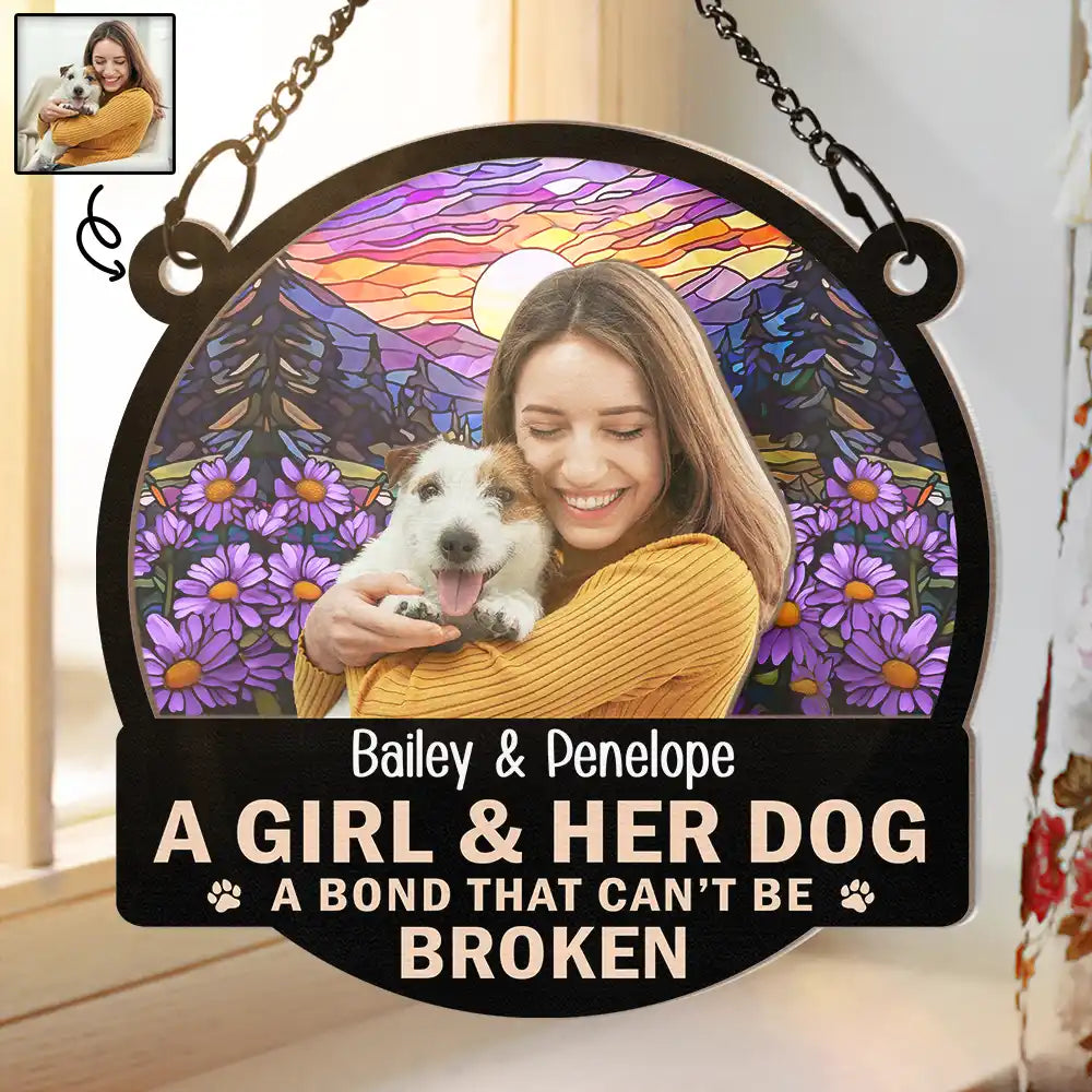 Custom Photo Flower Field A Girl And Her Dog - Personalized Window Hanging Suncatcher Ornament ORNA1210