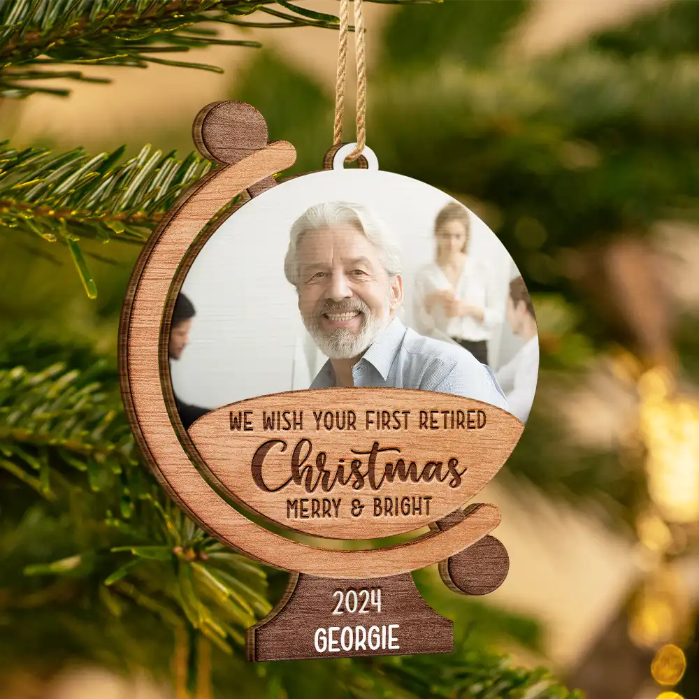 Custom Photo We Wish Your First Retired Christmas Merry & Bright - Personalized Custom Shaped Wooden Ornament ORNA1210