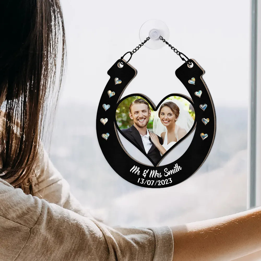 Custom Photo Good Luck Wedding Horseshoe - Personalized Window Hanging Suncatcher Ornament ORNA1210