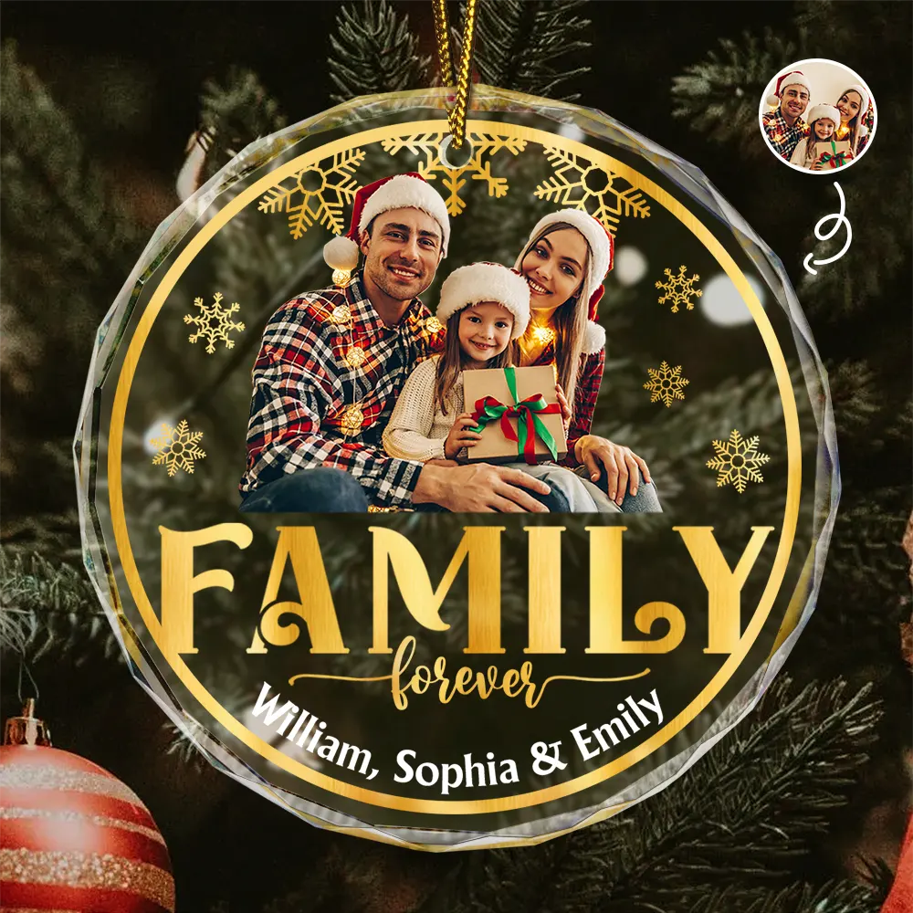 Custom Photo Stay Forever Snow Globe Christmas Family - Personalized Circle Glass Ornament ORNA1210