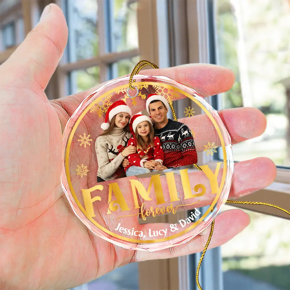 Custom Photo Stay Forever Snow Globe Christmas Family - Personalized Circle Glass Ornament ORNA1210