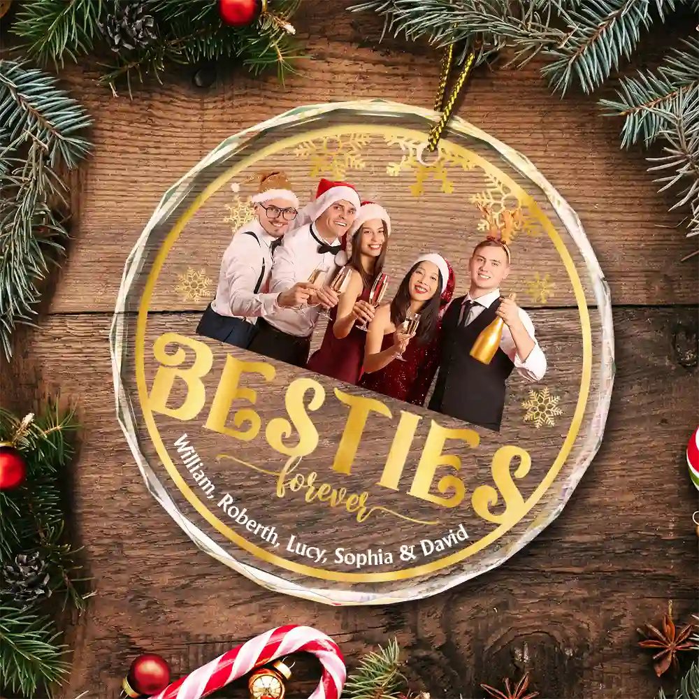 Custom Photo Stay Forever Snow Globe Christmas Family - Personalized Circle Glass Ornament ORNA1210