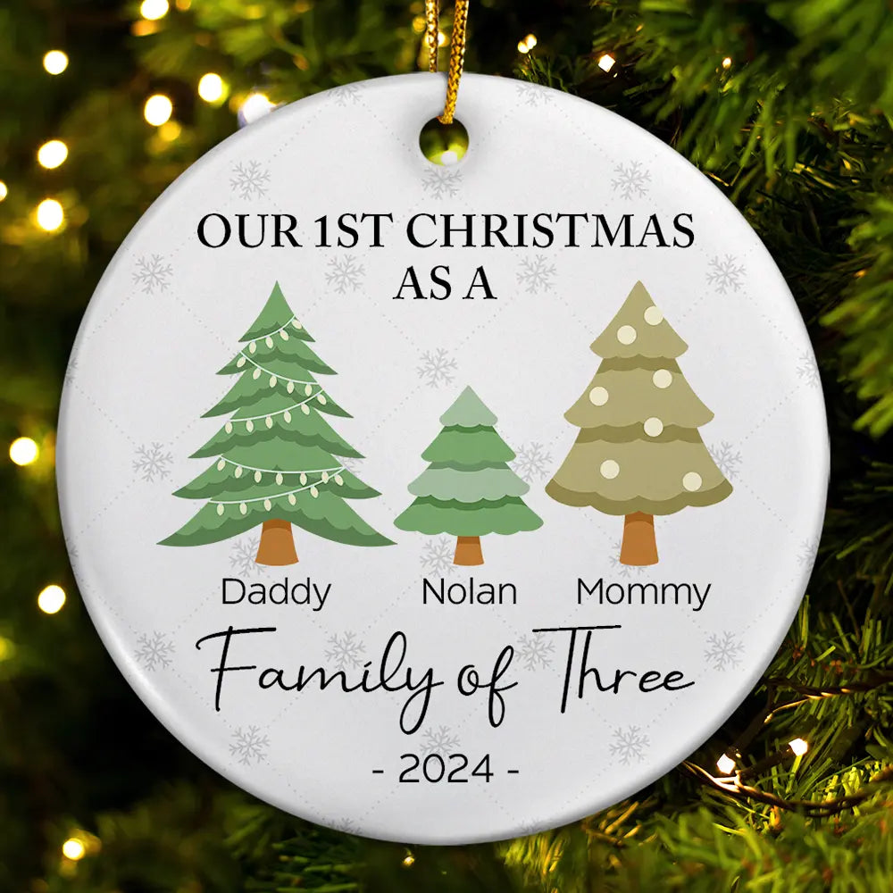 First Christmas As A Family Of Three - Personalized Circle Ceramic Ornament ORNA1210