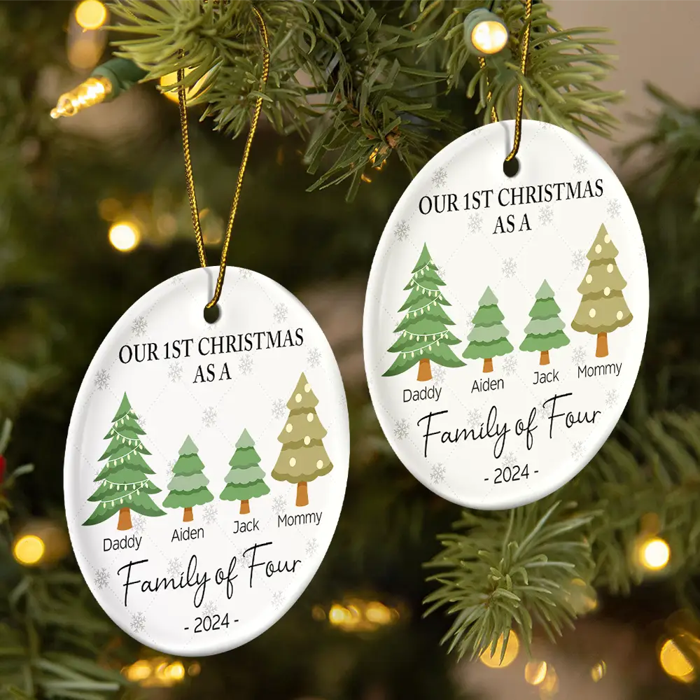 First Christmas As A Family Of Three - Personalized Circle Ceramic Ornament ORNA1210
