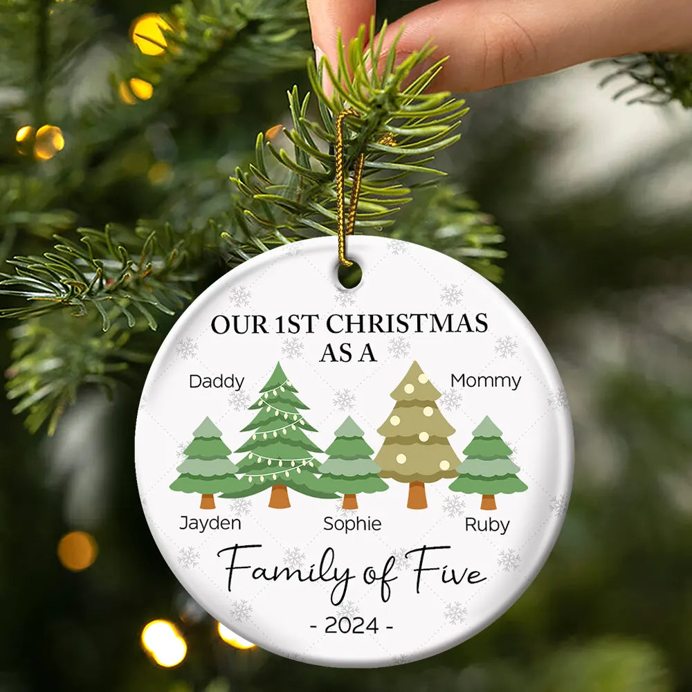 First Christmas As A Family Of Three - Personalized Circle Ceramic Ornament ORNA1210