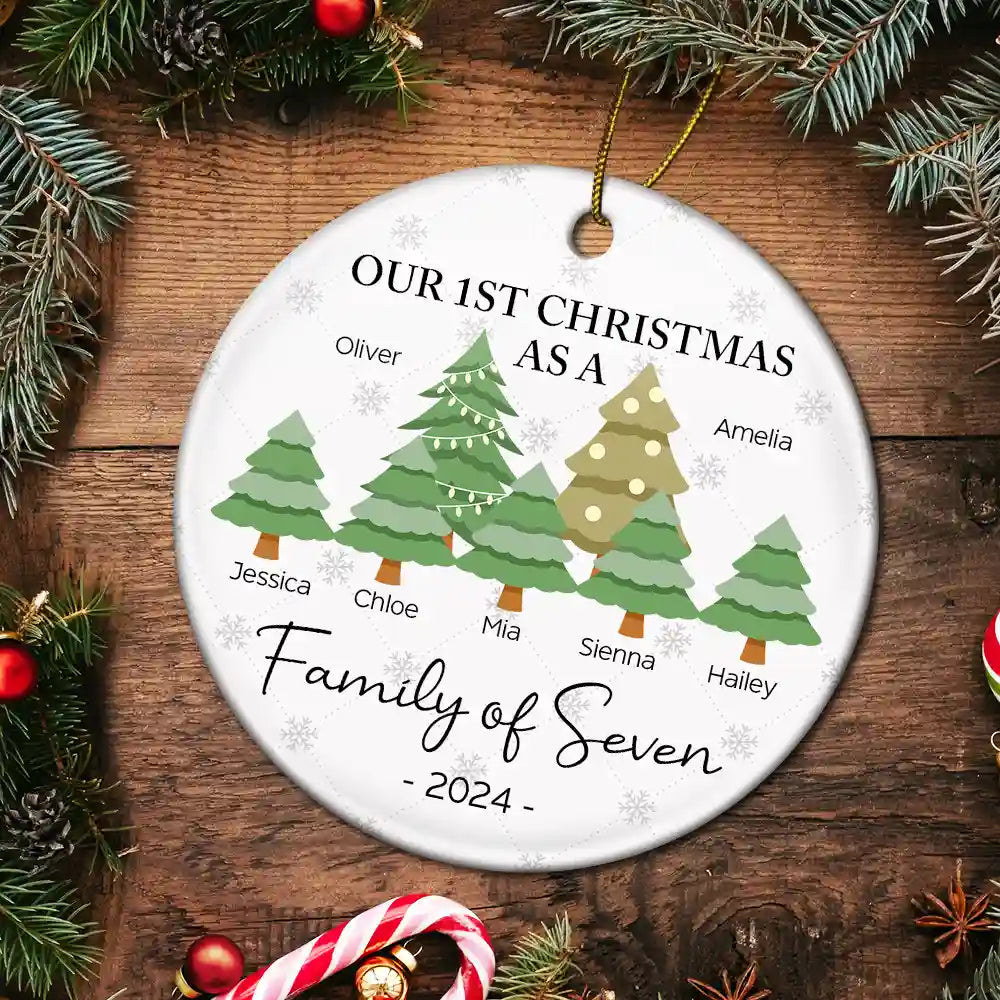 First Christmas As A Family Of Three - Personalized Circle Ceramic Ornament ORNA1210