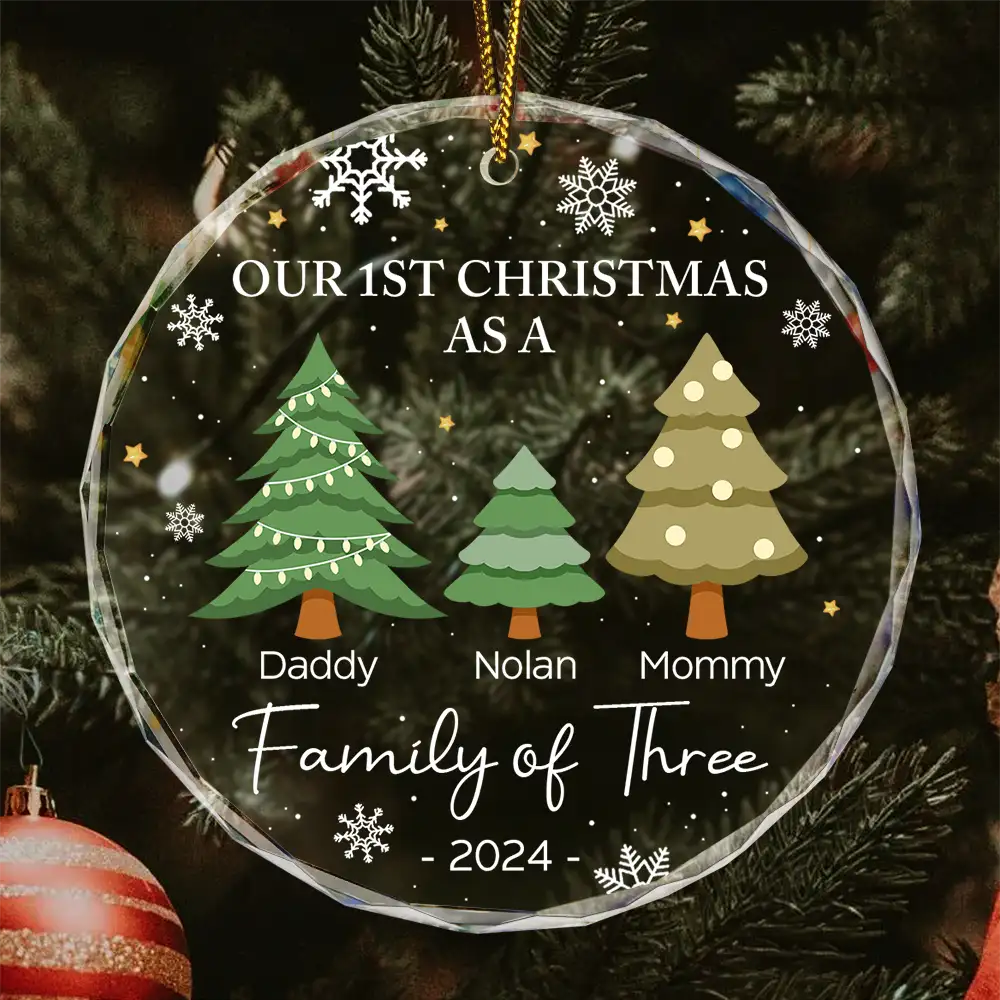 First Christmas As A Family Of Three - Personalized Circle Glass Ornament ORNA1210