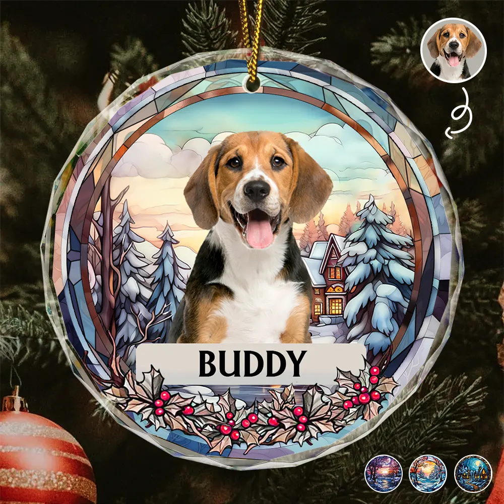Custom Photo Christmas Memorial Family Dog Cat - Personalized Circle Glass Ornament ORNA1210