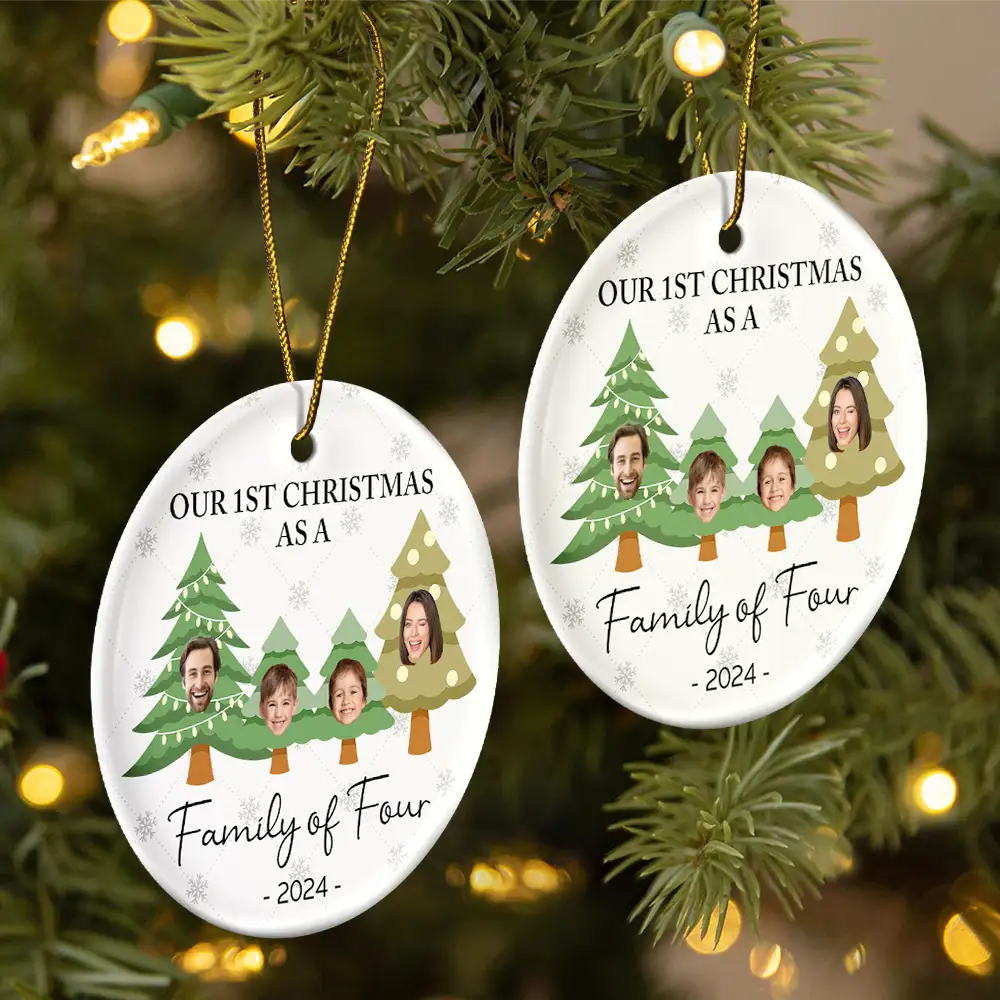 Custom Photo First Christmas As A Family Of Three - Personalized Circle Ceramic Ornament ORNA1210