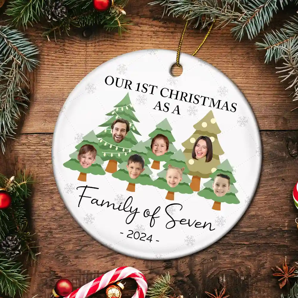Custom Photo First Christmas As A Family Of Three - Personalized Circle Ceramic Ornament ORNA1210