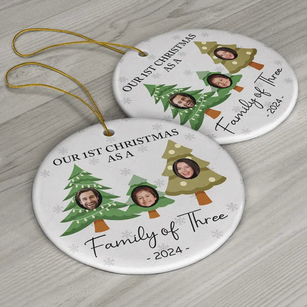 Custom Photo First Christmas As A Family Of Three - Personalized Circle Ceramic Ornament ORNA1210