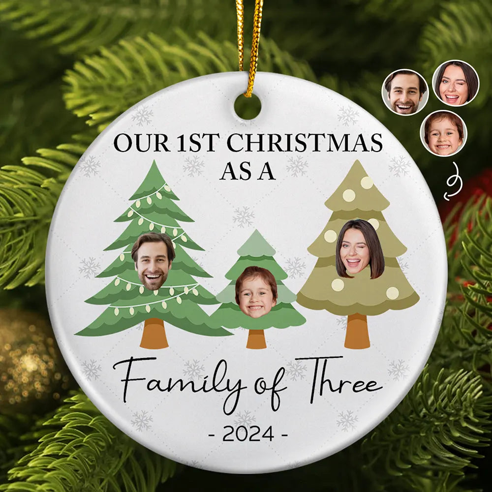 Custom Photo First Christmas As A Family Of Three - Personalized Circle Ceramic Ornament ORNA1210
