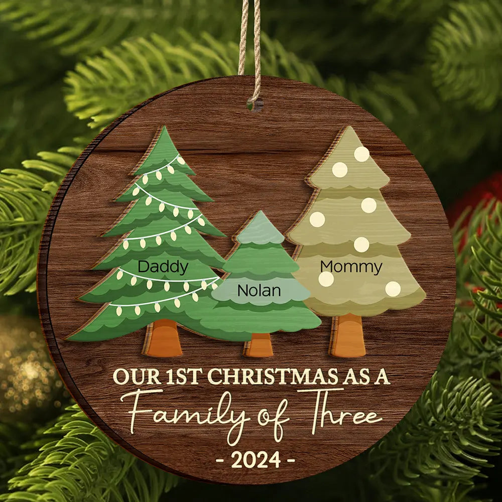 First Christmas As A Family Of Three - Personalized 2-Layered Wooden Ornament ORNA1210