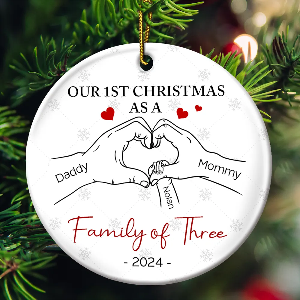 First Christmas As A Family Of Three Hand Heart - Personalized Circle Ceramic Ornament ORNA1210